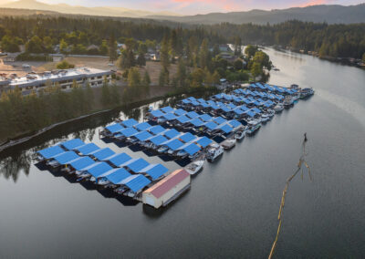 aerial view of marina at sunrise