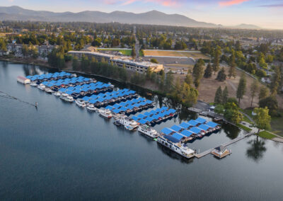 aerial view of marina at sunrise